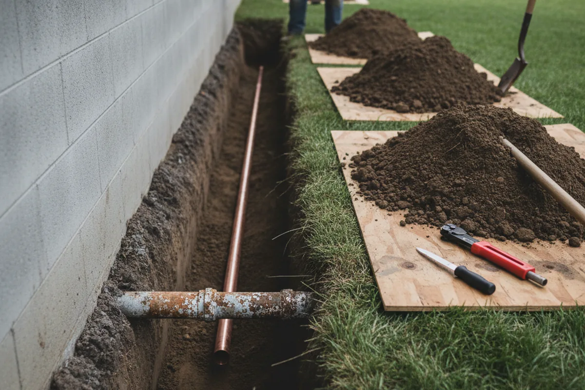Excavated water line trench during Sewer Line Repair in Jacob
